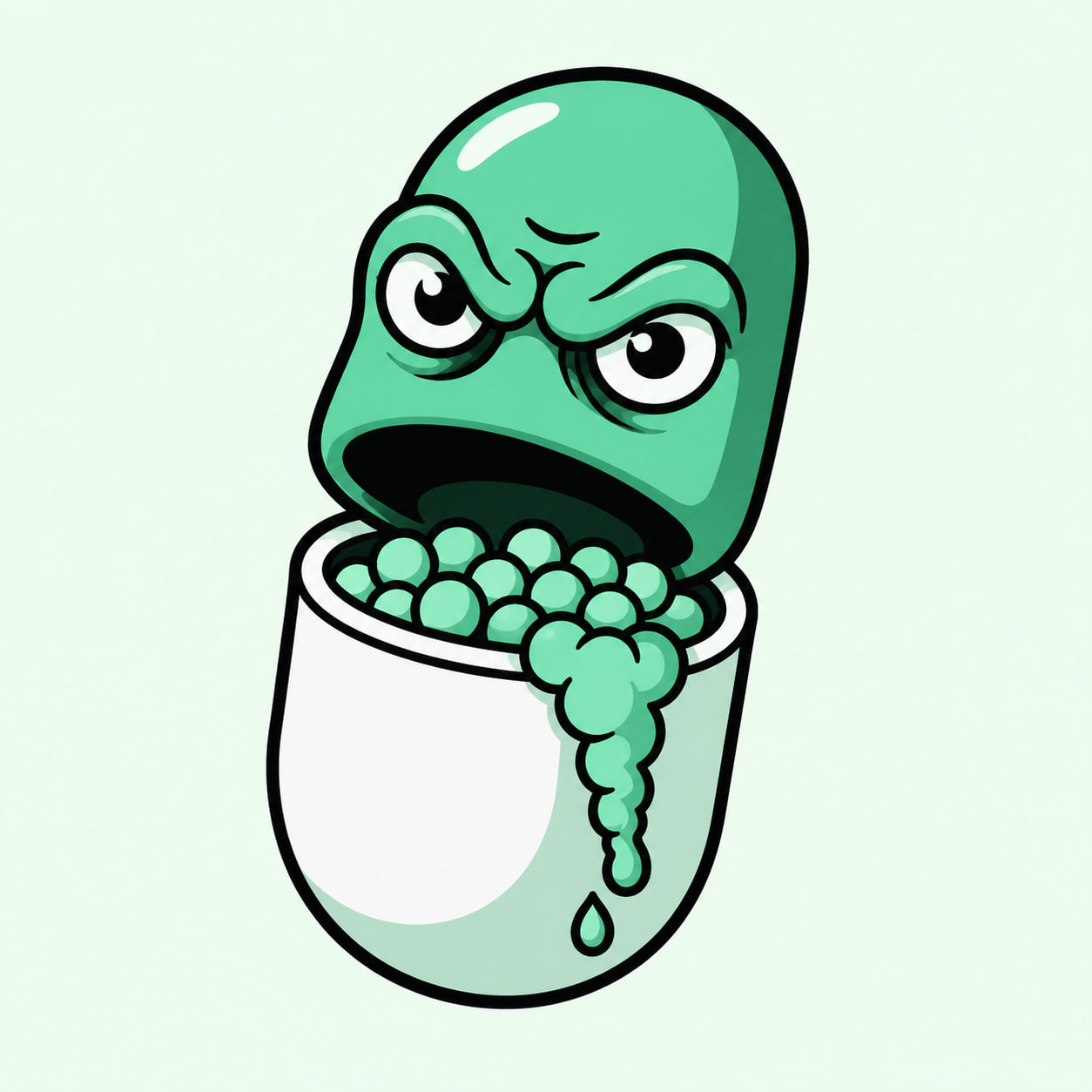 PUMPKED, an angry green creature overflowing from a capsule